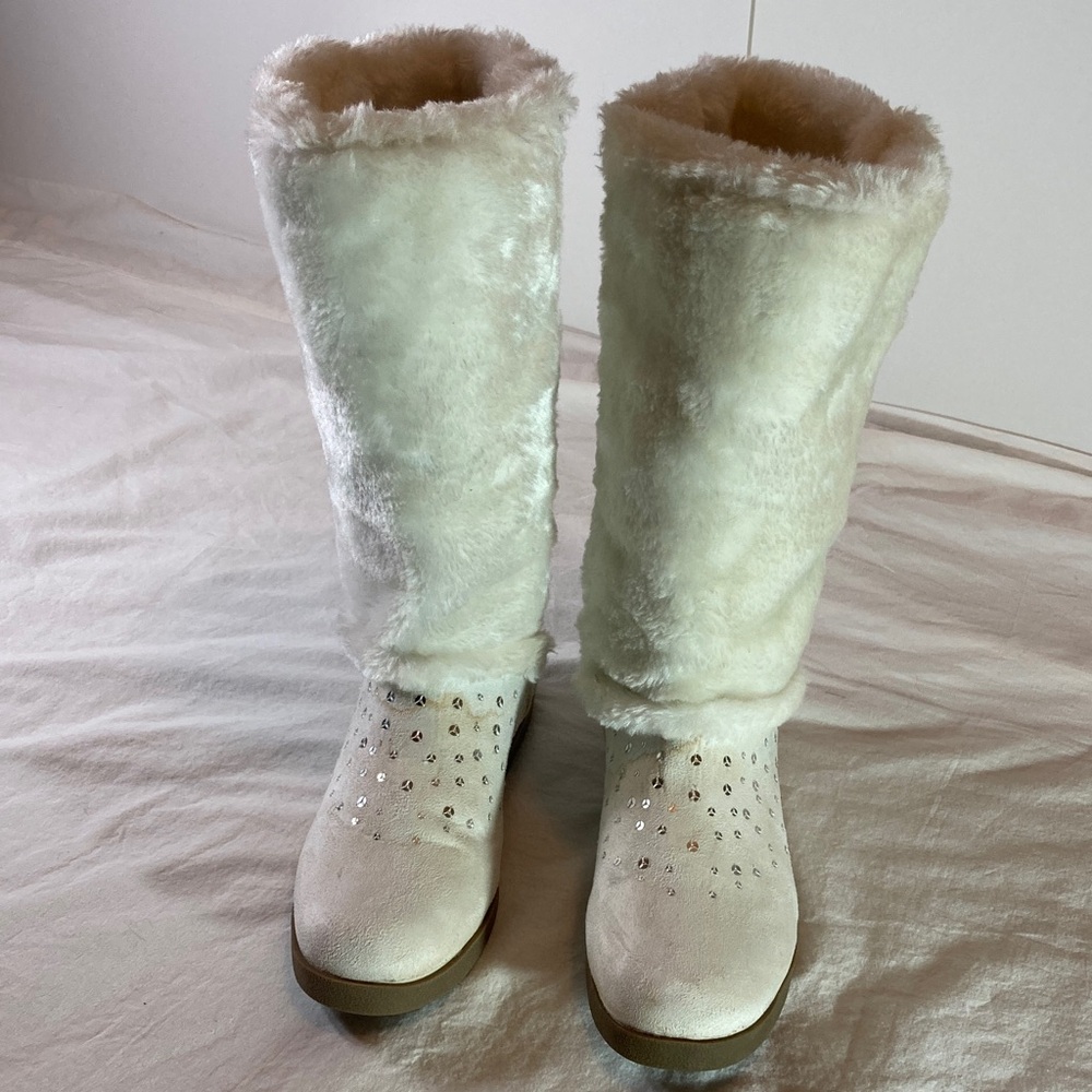 Justice Cream Faux Fur Tall Winter Boots with Crystal Accents